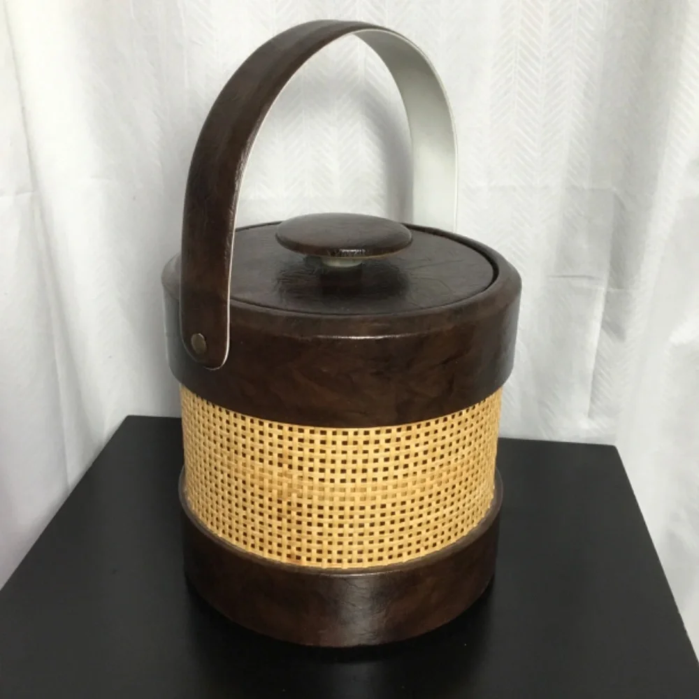 Vintage Mid Century Modern Ice Bucket Woven Sides Brown Faux Leather Trim Handle
